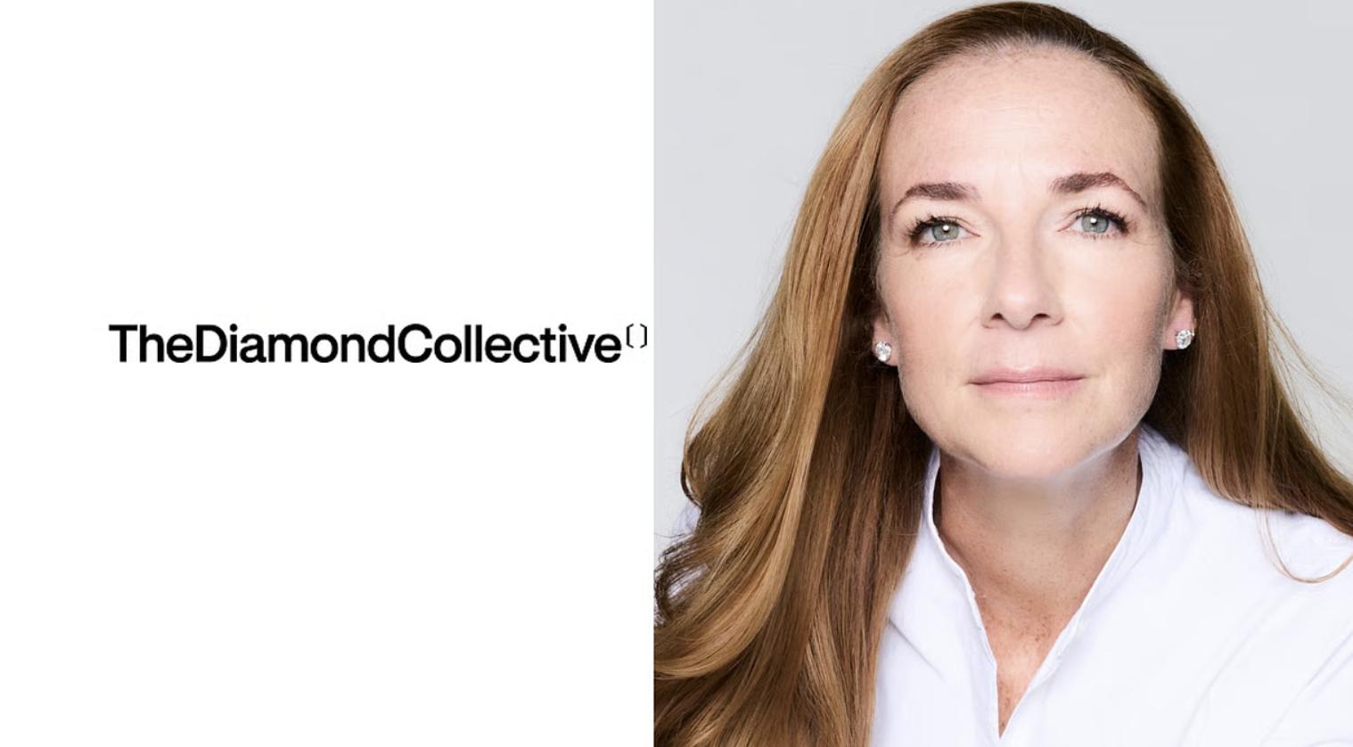 The Diamond Collective logo beside a portrait of CEO Amber Pepper wearing a white shirt and diamond stud earrings.