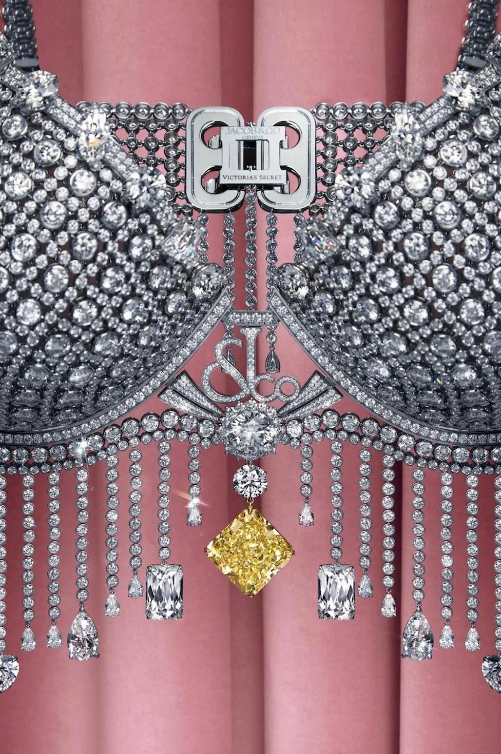 Close-up of the Jacob & Co. Angel Fantasy Bra featuring its 75.54 carat Fancy Vivid yellow diamond centre stone, white diamonds and articulated fringe