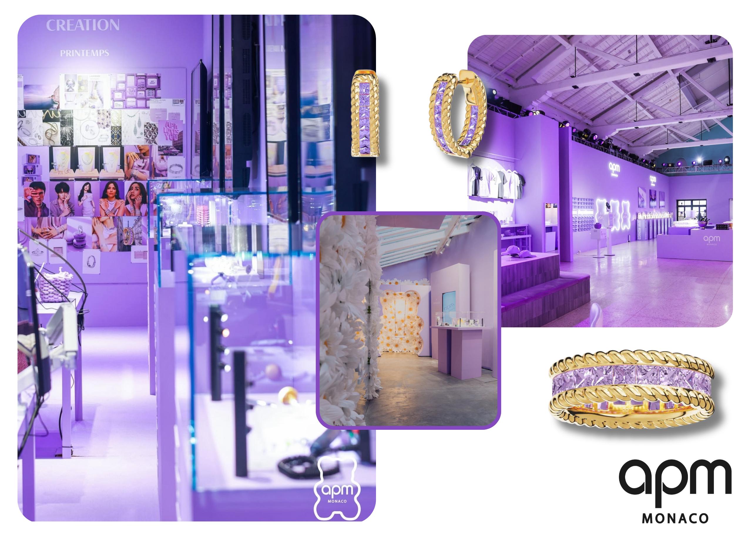 APM Monaco Printemps exhibition space with jewellery displays, design moodboards and lilac themed installation.