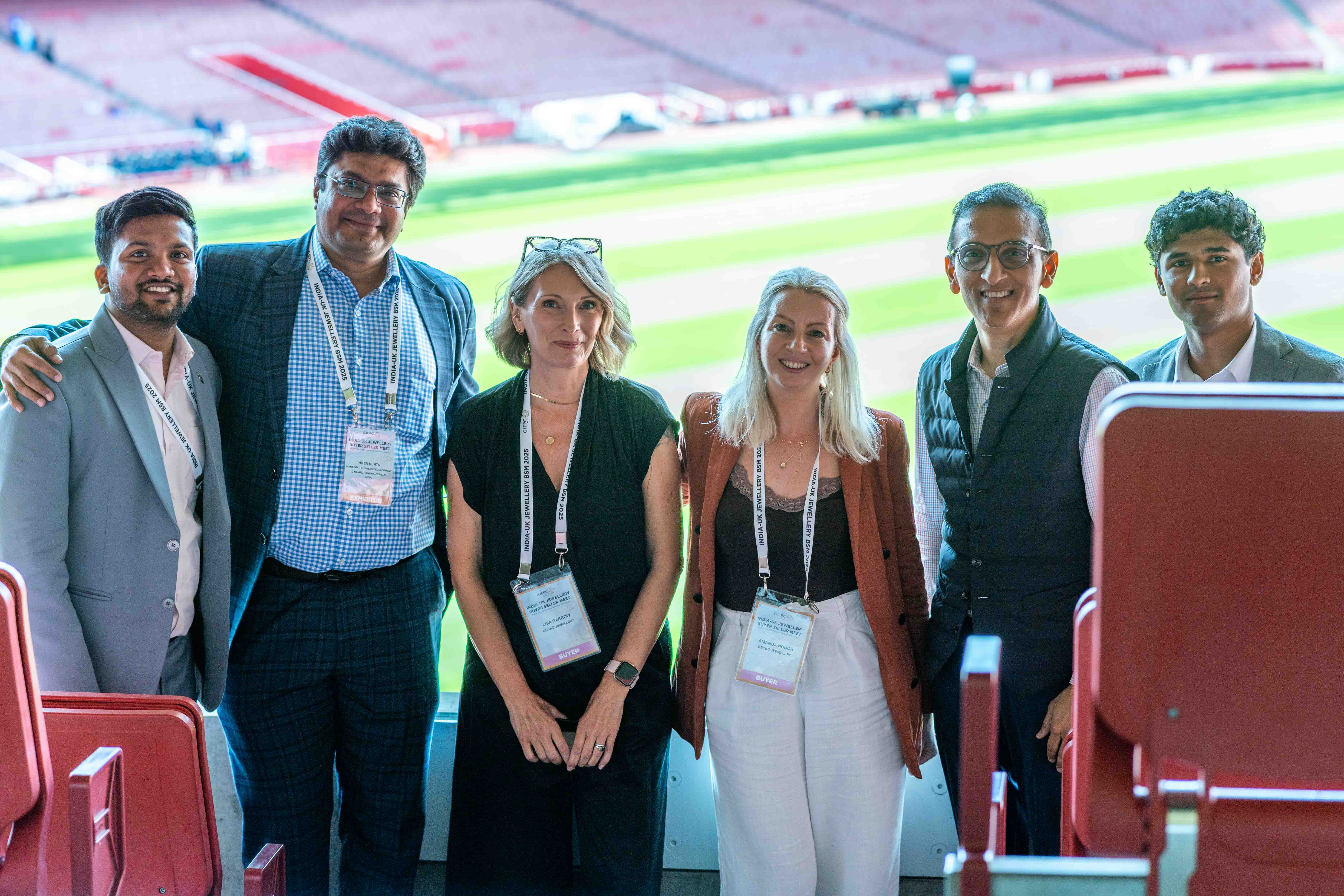 Lisa Barrow and Amanda Hough of Gecko Jewellery take in the view at Emirates Stadium during the GJEPC India–UK Buyer‑Seller Meet
